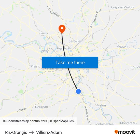 Ris-Orangis to Villiers-Adam map