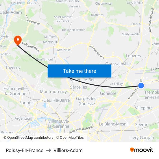 Roissy-En-France to Villiers-Adam map