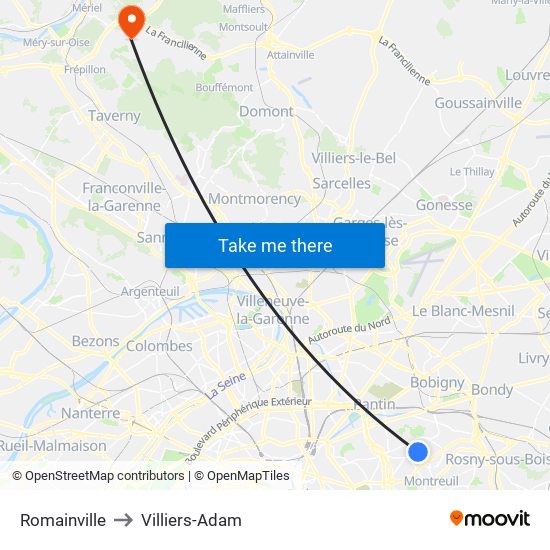 Romainville to Villiers-Adam map