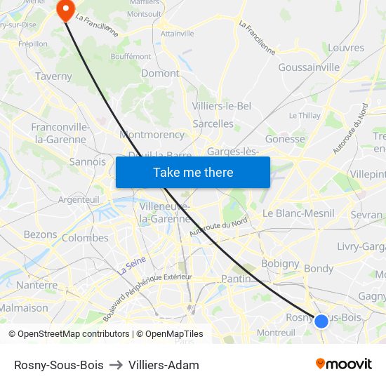 Rosny-Sous-Bois to Villiers-Adam map