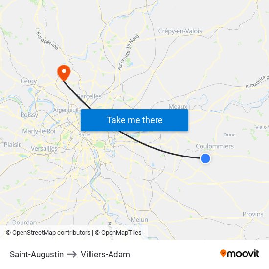 Saint-Augustin to Villiers-Adam map