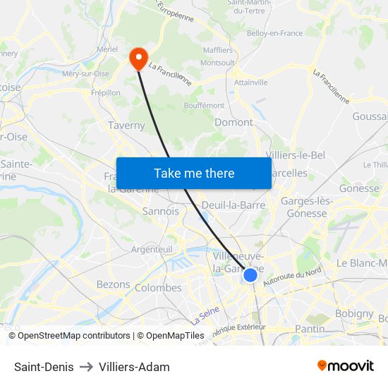 Saint-Denis to Villiers-Adam map