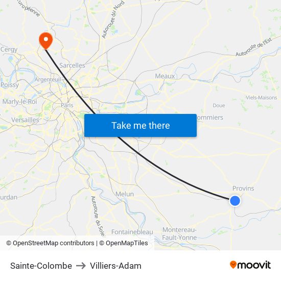 Sainte-Colombe to Villiers-Adam map