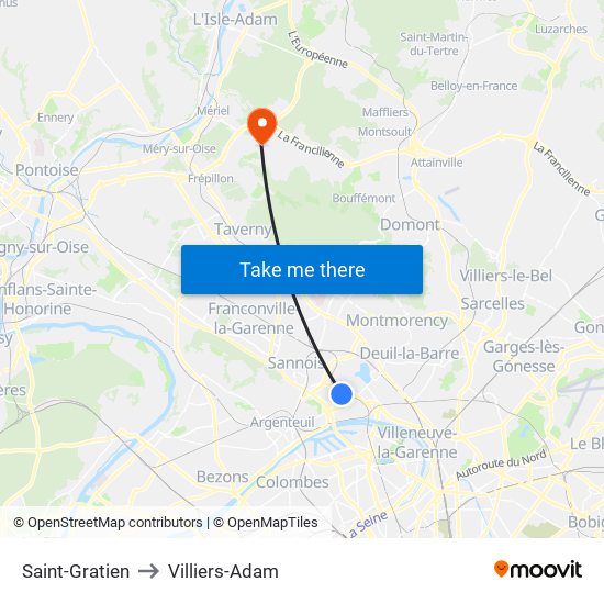 Saint-Gratien to Villiers-Adam map