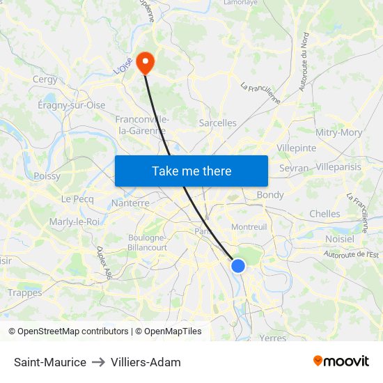 Saint-Maurice to Villiers-Adam map