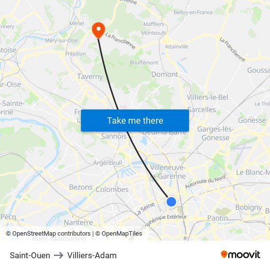 Saint-Ouen to Villiers-Adam map