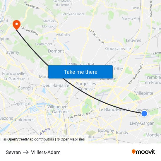 Sevran to Villiers-Adam map