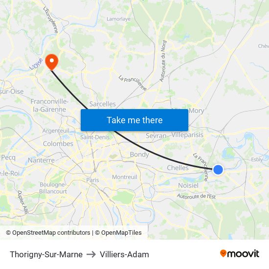 Thorigny-Sur-Marne to Villiers-Adam map