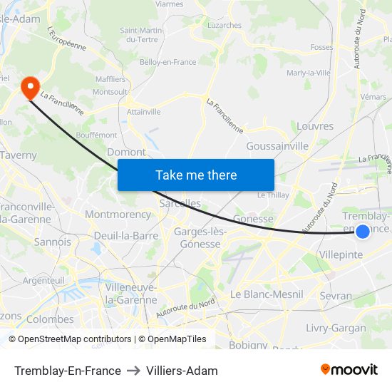 Tremblay-En-France to Villiers-Adam map