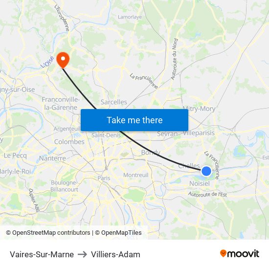 Vaires-Sur-Marne to Villiers-Adam map