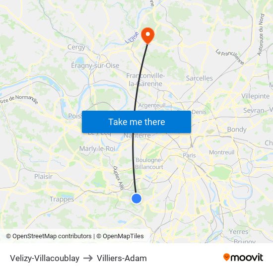Velizy-Villacoublay to Villiers-Adam map