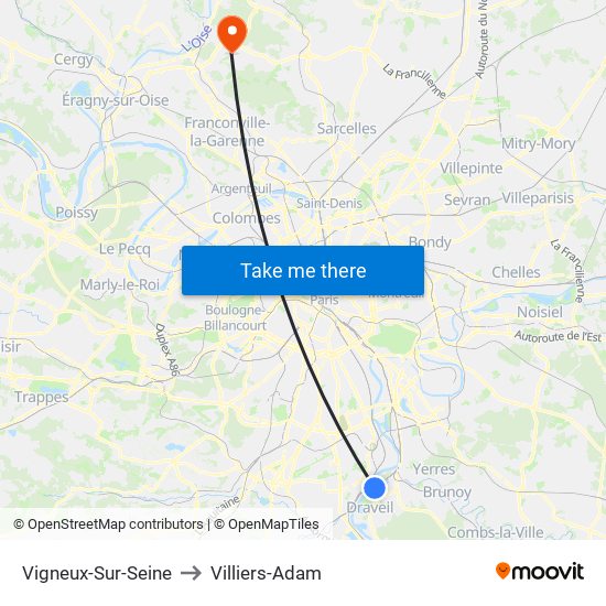 Vigneux-Sur-Seine to Villiers-Adam map