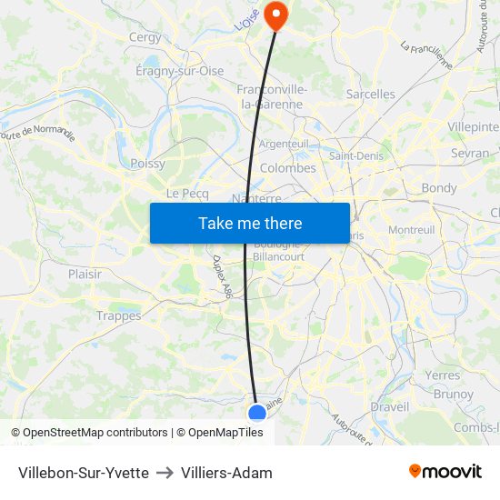 Villebon-Sur-Yvette to Villiers-Adam map