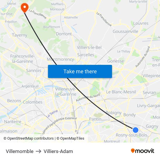 Villemomble to Villiers-Adam map