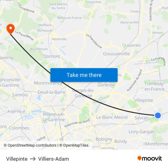 Villepinte to Villiers-Adam map