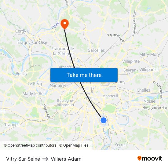 Vitry-Sur-Seine to Villiers-Adam map