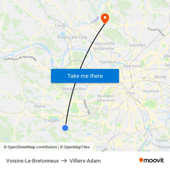 Voisins-Le-Bretonneux to Villiers-Adam map