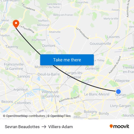 Sevran Beaudottes to Villiers-Adam map