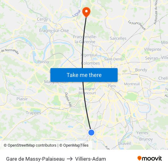 Gare de Massy-Palaiseau to Villiers-Adam map