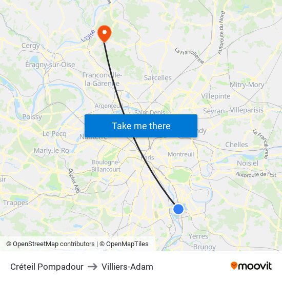 Créteil Pompadour to Villiers-Adam map