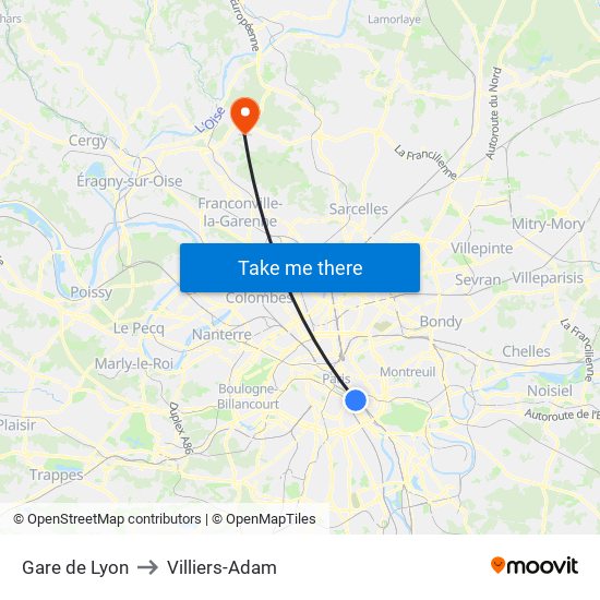 Gare de Lyon to Villiers-Adam map