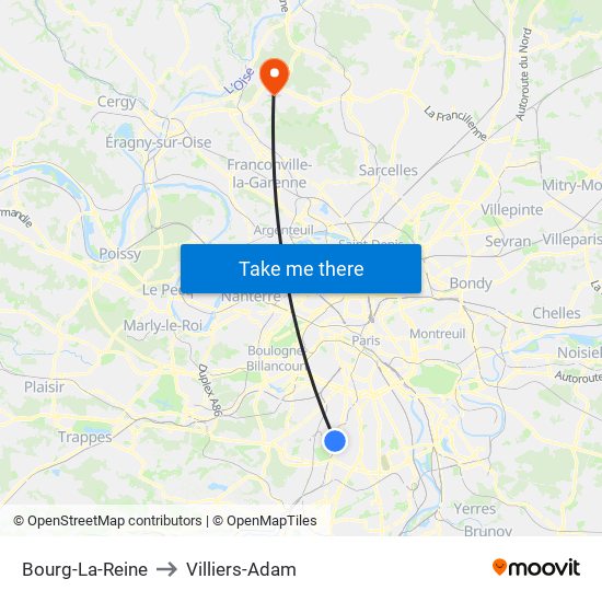Bourg-La-Reine to Villiers-Adam map