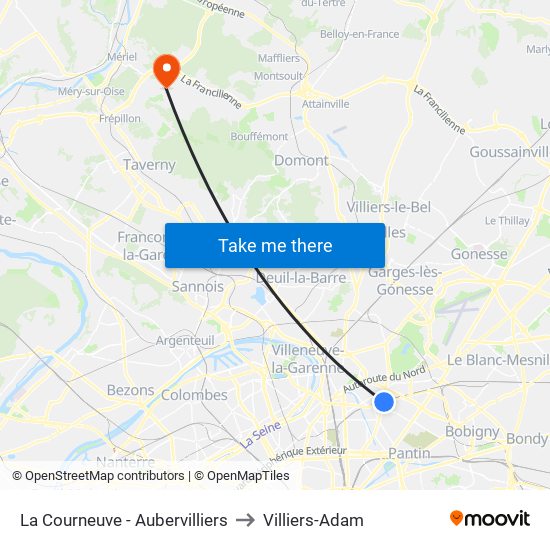 La Courneuve - Aubervilliers to Villiers-Adam map