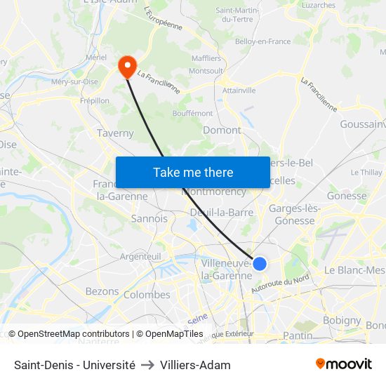 Saint-Denis - Université to Villiers-Adam map