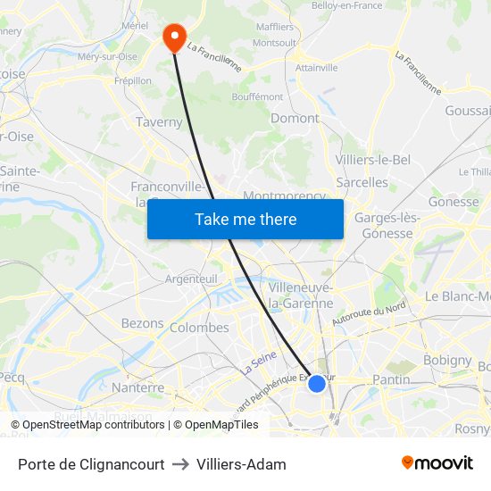Porte de Clignancourt to Villiers-Adam map