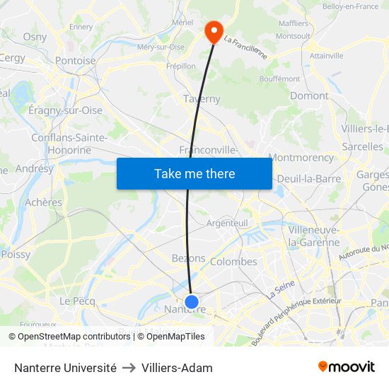 Nanterre Université to Villiers-Adam map