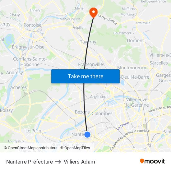 Nanterre Préfecture to Villiers-Adam map