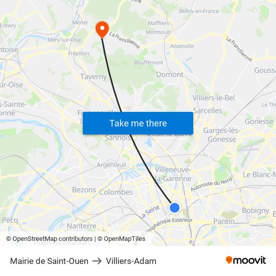Mairie de Saint-Ouen to Villiers-Adam map