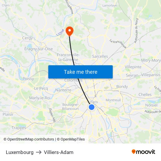 Luxembourg to Villiers-Adam map