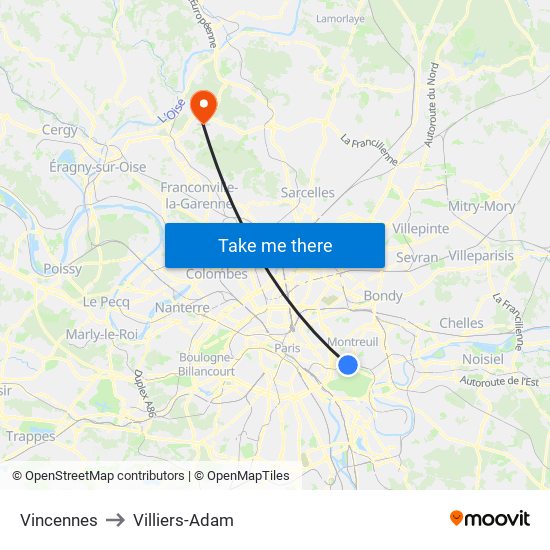 Vincennes to Villiers-Adam map