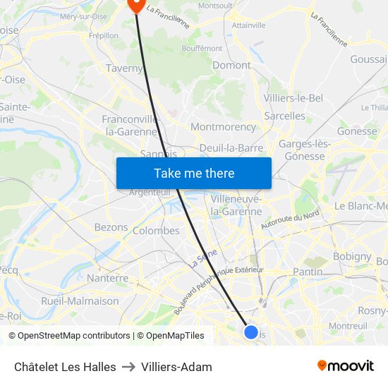 Châtelet Les Halles to Villiers-Adam map
