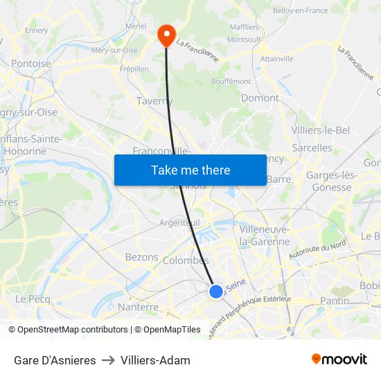 Gare D'Asnieres to Villiers-Adam map