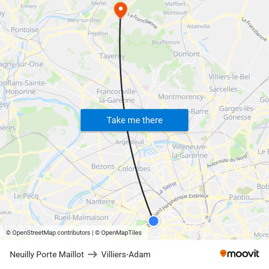 Neuilly Porte Maillot to Villiers-Adam map