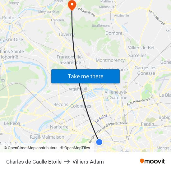 Charles de Gaulle Etoile to Villiers-Adam map