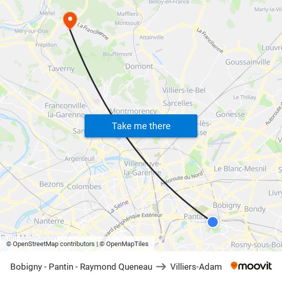 Bobigny - Pantin - Raymond Queneau to Villiers-Adam map