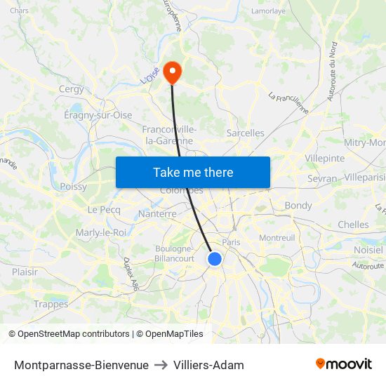 Montparnasse-Bienvenue to Villiers-Adam map
