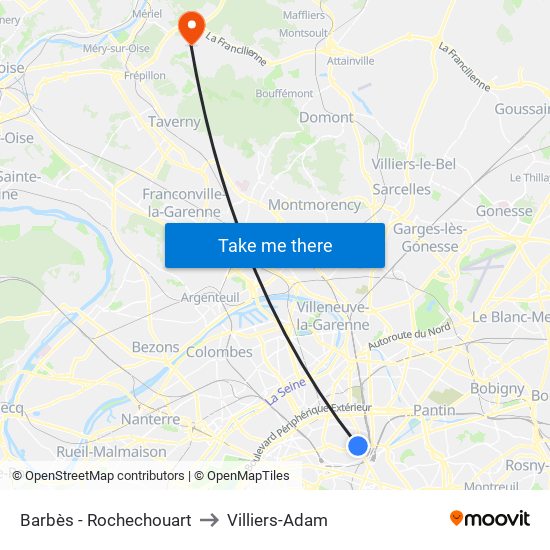 Barbès - Rochechouart to Villiers-Adam map