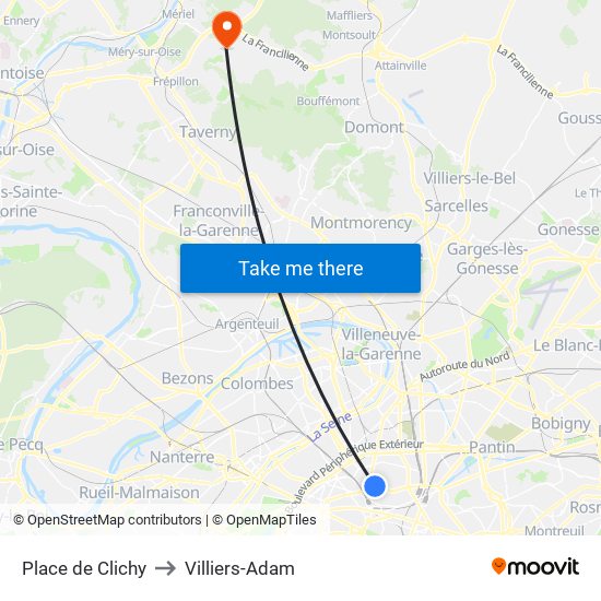 Place de Clichy to Villiers-Adam map