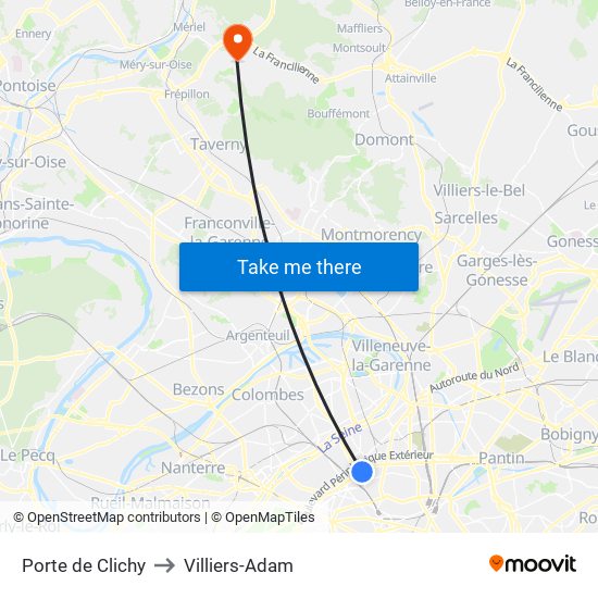 Porte de Clichy to Villiers-Adam map