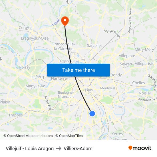 Villejuif - Louis Aragon to Villiers-Adam map