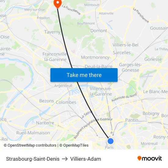 Strasbourg-Saint-Denis to Villiers-Adam map