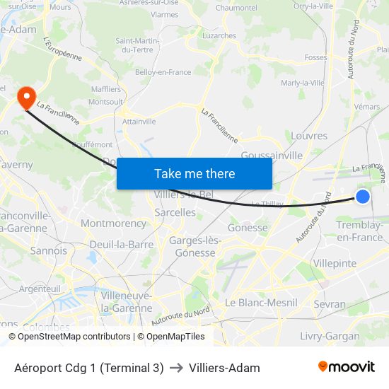 Aéroport Cdg 1 (Terminal 3) to Villiers-Adam map