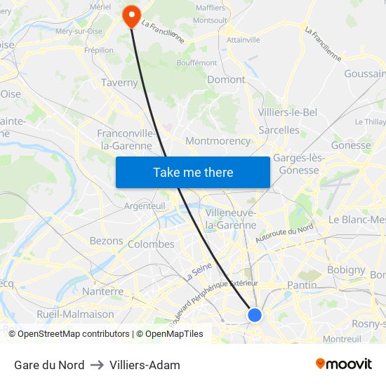 Gare du Nord to Villiers-Adam map
