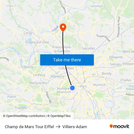 Champ de Mars Tour Eiffel to Villiers-Adam map