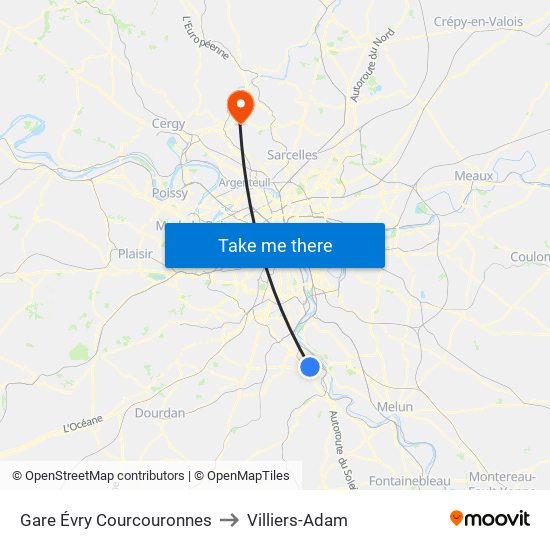 Gare Évry Courcouronnes to Villiers-Adam map