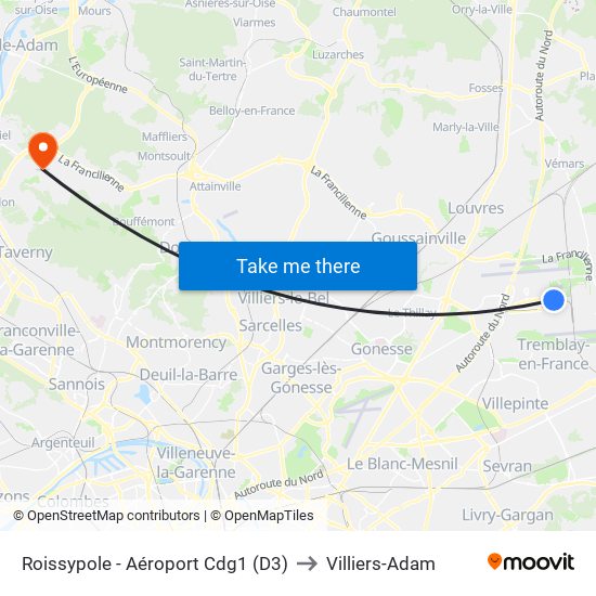 Roissypole - Aéroport Cdg1 (D3) to Villiers-Adam map